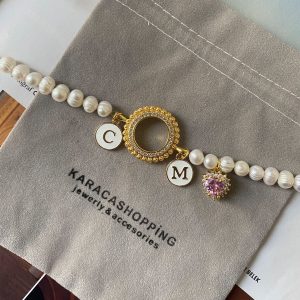 Gerçek İnci Çeyrek Uyumlu Swarovski Pembe Kalpli 2 Harfli Bileklik - Görsel 4